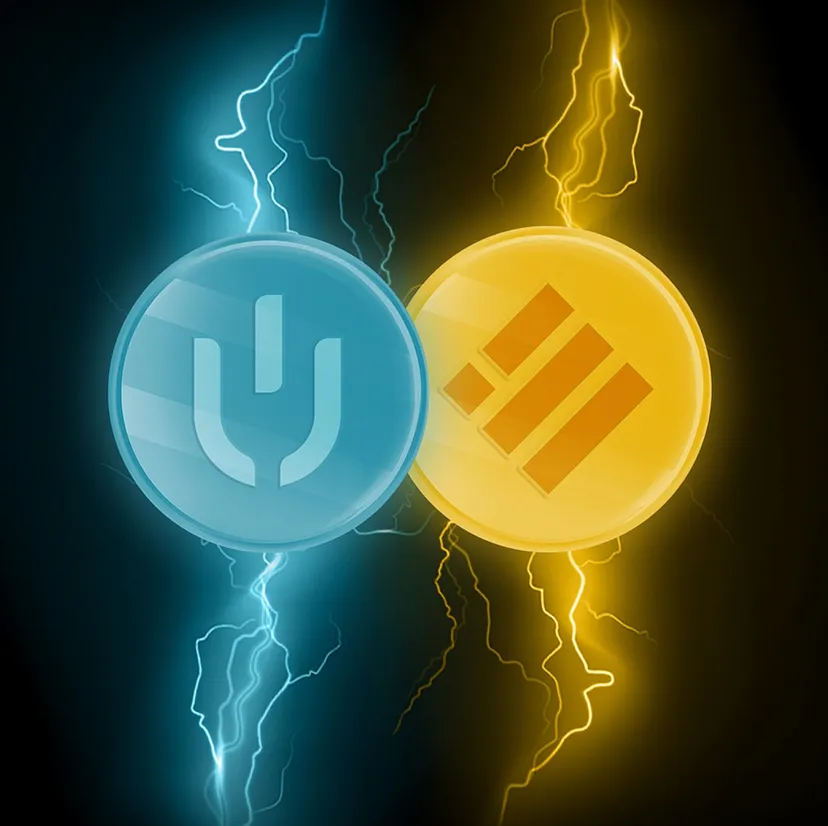 DeHub and Binance logos with lightning