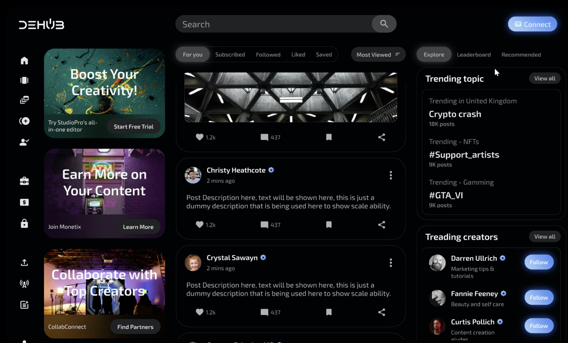 DeHub's new revamped app interface showing dark theme, navigation sidebar, content feed, and trending sections