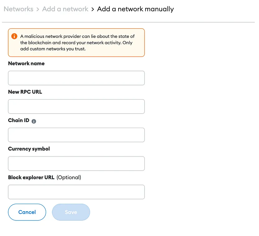 مكان إدخال البيانات لشبكة جديدة في Metamask