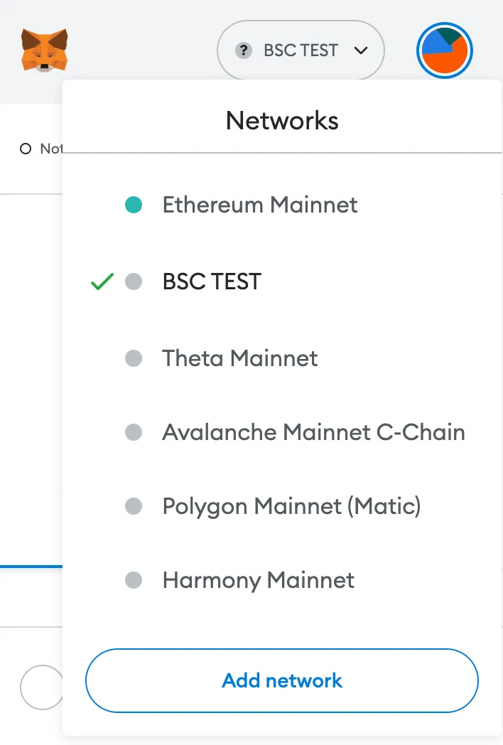 شاشة اختيار الشبكة في Metamask