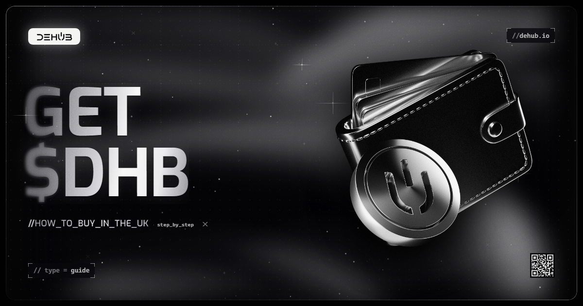 A guide to buying the DHB token in the UK on the Base network, with the DeHub logo