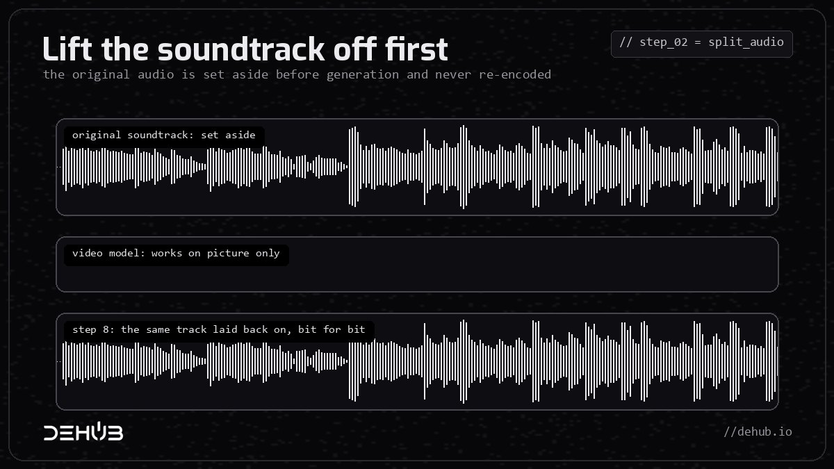 The original soundtrack is set aside before generation and laid back on, bit for bit, at the end