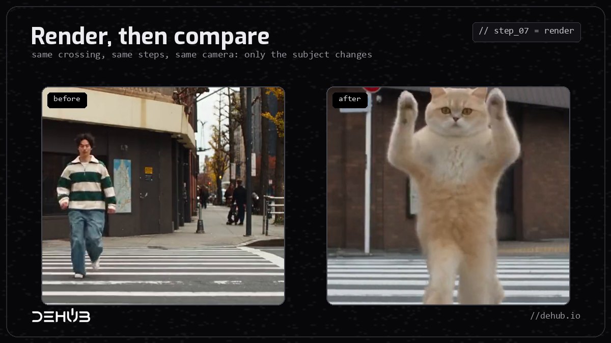 Before and after: a man on a crossing becomes a fluffy cat, with the same steps and the same street