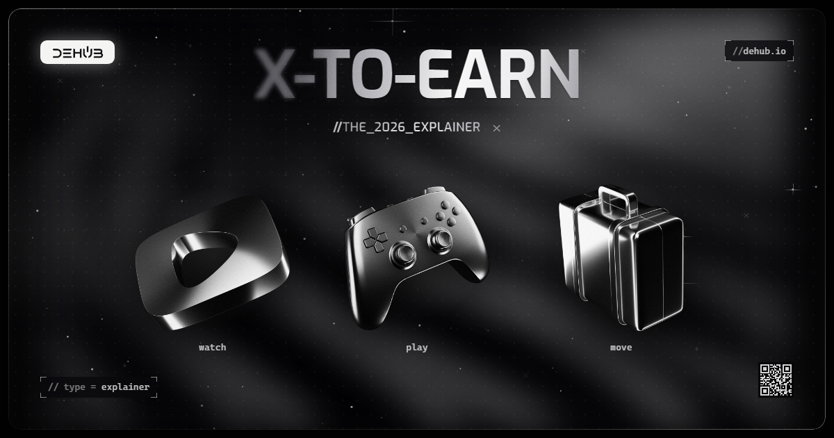 Illustration comparing watch-to-earn, play-to-earn and move-to-earn as branches of x-to-earn